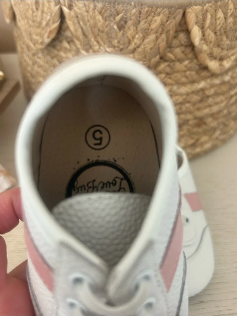 White and Pink Kids Leather Lace-Up Sneakers